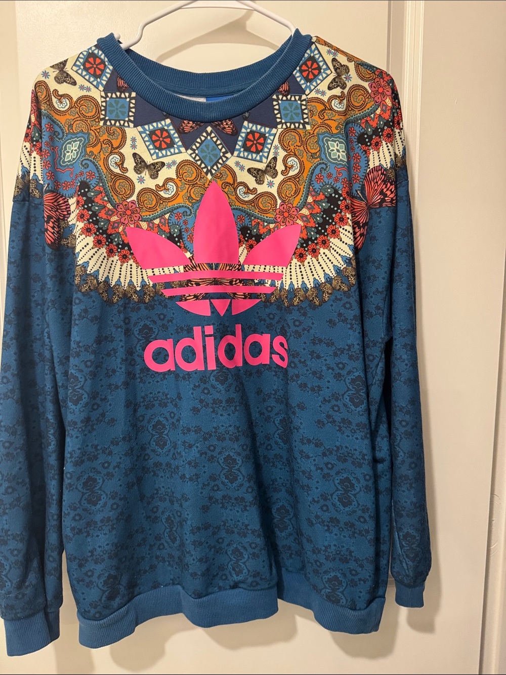 adidas Teal-Blue Paisley Sweatshirt with Hot Pink Trefoil